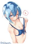  1girl bikini blue_bikini_top blue_eyes blue_hair blush breasts closed_mouth commentary_request ebifurya eyebrows_visible_through_hair from_above hair_between_eyes heart highres kantai_collection looking_at_viewer minazuki_(kantai_collection) one_eye_closed short_hair_with_long_locks simple_background small_breasts smile solo spoken_heart swimsuit white_background 