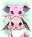  artist_name blush brown_eyes eevee fangs flower flying_sweatdrops gen_1_pokemon green_background holding holding_flower horn kana_(251373) looking_at_viewer motion_lines nidoran no_humans open_mouth outside_border outstretched_arm pokemon pokemon_(creature) red_eyes shiny_pokemon 