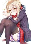  :t ahoge akirannu artoria_pendragon_(all) bangs black-framed_eyewear black_legwear blue_skirt blush braid closed_mouth commentary_request duffel_coat eyebrows_visible_through_hair fate/grand_order fate_(series) french_braid glasses hair_between_eyes highres holding jitome knees_together_feet_apart looking_at_viewer mysterious_heroine_x_(alter) plaid plaid_scarf pleated_skirt red_scarf scarf semi-rimless_eyewear sidelocks simple_background sitting skirt solo sparkle thighhighs thighs under-rim_eyewear v-shaped_eyebrows white_background 