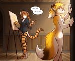  2017 :3 annoyed anthro anthrofied artist beret blonde_hair blush bottomless breasts brown_hair butt canine canvas casual_nudity chest_tuft clothed clothing collar collar_tag creating_art crossgender dialogue digitigrade dipstick_tail duo edit english_text eric_vaughan eyewear feline female flora_(twokinds) fox frown fur gender_transformation glasses hair hat inside jewelry keidran looking_back mammal motion_lines multicolored_fur multicolored_tail naughty_face necklace nude orange_fur paintbrush painting partially_clothed ponytail pose side_boob smile smirk sound_effects stick_figure striped_fur stripes tawnyfluff text tiger tom_fischbach transformation tuft twokinds unamused webcomic white_fur yellow_fur 