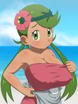  alternate_breast_size apron apron_aside bangs bare_shoulders beach blue_sky blush breasts cleavage closed_mouth cloud covered_nipples dark_skin day flower green_hair hair_flower hair_ornament highres large_breasts looking_at_viewer mao_(pokemon) ocean outdoors pink_shirt pokemon pokemon_(game) pokemon_sm pout shirt shirt_pull sky sleeveless sleeveless_shirt solo swept_bangs trial_captain twintails youjinbou_(yojinboy) 