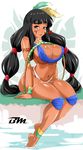  1girl absurdres black_hair bow_(weapon) breasts cleavage curvy dark_skin grass ivo_naldo large_breasts long_hair midriff navel original sitting solo thighs tribal wide_hips 