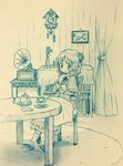  aki_shizuha arinu blush book bookshelf chair clock commentary cookie cuckoo_clock cup curtains food hair_ornament highres leaf leaf_hair_ornament leaf_on_head monochrome phonograph picture_(object) reading rug short_hair sitting smile solo table teacup teapot touhou vase 