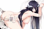  1girl ahoge ainz_ooal_gown albedo anus ass ass_grab bed_sheet black_hair breasts censored commentary demon_girl demon_horns doggystyle eyes_visible_through_hair hetero hews_hack horns large_breasts long_hair looking_back mosaic_censoring nipples nude open_mouth overlord_(maruyama) penis sex sheet_grab shiny shiny_hair skeleton sweat vaginal wavy_mouth white_background 