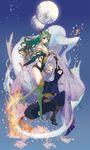  1girl boots breasts cleavage edward_geraldine final_fantasy final_fantasy_iv final_fantasy_iv_the_after green_footwear green_hair green_leotard highres leotard masakikazuyoshi mask medium_breasts moon ninja rydia silver_hair thighhighs 