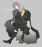 animal_ears blue_eyes bodysuit cape closed_mouth crossed_legs dark_skin dark_skinned_male erune eustace_(granblue_fantasy) gran_(granblue_fantasy) granblue_fantasy grey_hair gunslinger_(granblue_fantasy) hair_over_one_eye hand_on_another's_shoulder holster kyata_(elnss) looking_at_viewer male_focus multiple_boys sitting sitting_on_lap sitting_on_person smile 