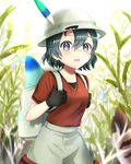  animal_ears backpack bag black_gloves black_hair blue_eyes blush breasts bright_background collarbone cowboy_shot feathers gloves grass grey_hat grey_skirt hair_between_eyes hat hat_feather helmet highres holding hole kaban_(kemono_friends) kemono_friends lens_flare looking_at_viewer lucky_beast_(kemono_friends) medium_breasts mugi_(iccomae) multiple_girls open_mouth out_of_frame outdoors pith_helmet plant red_shirt serval_(kemono_friends) serval_ears shirt shirt_tucked_in short_hair skirt solo_focus striped tail torn_clothes torn_hat undershirt wavy_hair 