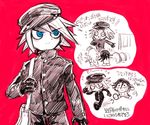  android blue_eyes chasing child danganronpa fleeing gakuran gokuhara_gonta hat keebo male_focus multiple_boys new_danganronpa_v3 ofuton_(off_10) ouma_kokichi ringed_eyes running school_uniform smile suspenders younger 