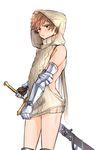  aran_sweater backless_outfit blush brown_hair cowboy_shot gauntlets gran_(granblue_fantasy) granblue_fantasy highres hood hood_up male_focus meme_attire ribbed_sweater seho_(kdldlcl) simple_background solo sweater sword virgin_killer_sweater weapon white_background 