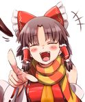  1girl :d ascot bangs benikurage blush bow brown_hair commentary_request cookie_(touhou) detached_sleeves enperuto_(yarumi) eyebrows_visible_through_hair hair_bow hair_tubes hakurei_reimu laughing long_sleeves open_mouth pointing pointing_at_viewer red_bow ribbon-trimmed_sleeves ribbon_trim saliva scarf sidelocks smile solo spoon_worm striped striped_scarf touhou transparent_background upper_body wide_sleeves 