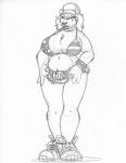  2019 anthro big_breasts bikini bikini_top bracelet breasts chest_tuft clothed clothing female footwear greyscale hat jewelry mammal monochrome ring shoes shorts simple_background skimpy slightly_chubby solo spiked_bracelet spikes standing swimsuit tight_clothing tuft ursine voluptuous wolfkidd 
