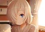  backlighting bed blue_eyes blurry blush close-up closed_mouth copyright_request curtains day depth_of_field face hair_over_one_eye head_tilt indoors kirimatsu looking_at_viewer petals pillow shiny shiny_hair short_hair silver_hair smile solo sunlight tareme upper_body 