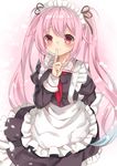  alternate_costume alternate_hairstyle arm_behind_back blue_hair blush commentary_request enmaided finger_to_mouth gradient_hair hair_ribbon harusame_(kantai_collection) highres juliet_sleeves kantai_collection long_hair long_sleeves looking_at_viewer maid maid_headdress multicolored_hair neckerchief pink_hair puffy_sleeves red_eyes ribbon sailor_collar smile solo sugisaki_yuu twintails two-tone_hair white_background 