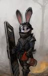  2016 abstract_background ambiguous_gender anthro armor big_eyes clothed clothing disney fur holding_object judy_hopps karbik lagomorph looking_at_viewer mammal outside purple_eyes rabbit shield solo standing zootopia 