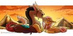  2017 antlers blush discord_(mlp) draconequus equine female fluttershy_(mlp) friendship_is_magic horn inuhoshi-to-darkpen male mammal my_little_pony nose_kiss pegasus sunset wings 
