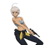  absurdres ahoge breasts cleavage dark_skin gun handgun highres holding holding_gun holding_weapon jewelry medium_breasts navel necklace official_art red_eyes serious short_hair silver_hair simple_background solo tank_top uchuu_senkan_yamato uchuu_senkan_yamato_2199 v_arms vector_trace weapon white_background yamamoto_akira 