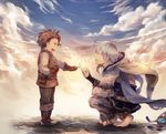  barefoot boots braid brown_gloves brown_hair child cloud cloudy_sky clutching_chest crying gloves glowing granblue_fantasy hood kuina_(escapegoat) long_hair male_focus multiple_boys noa_(granblue_fantasy) pinky_swear rackam_(granblue_fantasy) role_reversal silver_hair single_braid sky squatting vest younger 