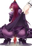  1girl armor ass blush bodysuit boots fate/grand_order fate_(series) from_behind gloves high_heel_boots high_heels long_hair looking_back open_mouth panties panties_under_pantyhose pantyhose pokupoku_(yamanashi_yuuya) purple_hair pussy_juice red_eyes scathach_(fate/grand_order) shiny shiny_clothes shiny_hair skirt skirt_hold skirt_lift solo spear squatting weapon 