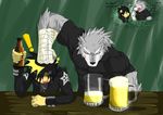  2010 abs alcohol angry beer beverage black_hair canine clothing english_text hair human kouya_krieg_wolfang male mammal muscular pecs rujiru_ryuuoujin scar simple_background text wargreymon43 were werewolf wolf 