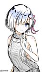  alternate_costume backless_dress backless_outfit bangs bare_shoulders blue_eyes blue_hair blush breasts closed_mouth collarbone dress finger_to_mouth grey_dress grey_sweater gyouza_aniki hair_ornament hair_over_one_eye hair_ribbon halterneck hand_to_head hand_up highres index_finger_raised looking_at_viewer meme_attire naked_sweater no_bra re:zero_kara_hajimeru_isekai_seikatsu rem_(re:zero) ribbed_sweater ribbon short_hair sideboob simple_background sleeveless sleeveless_turtleneck small_breasts smile solo sweater sweater_dress turtleneck turtleneck_sweater upper_body virgin_killer_sweater white_background x_hair_ornament 