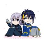  blue_eyes blue_hair chibi gloves hakama honebami_toushirou japanese_clothes male_focus mikazuki_munechika military military_uniform multiple_boys necktie petals ponpokopon purple_eyes sandals sitting smile touken_ranbu uniform white_gloves white_hair wide_sleeves 