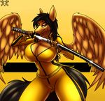  2017 anthro big_breasts black_hair breasts cleavage clothed clothing equine fan_character female hair katana kill_bill mammal melee_weapon metalfoxxx my_little_pony pegasus solo sparkle sword weapon wings 