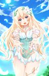  absurdres blonde_hair blue_eyes blush breasts cleavage cloud day ex_idol flower four_goddesses_online:_cyber_dimension_neptune hair_flower hair_ornament highres large_breasts long_hair looking_at_viewer neptune_(series) outstretched_hand sky smile solo vert very_long_hair 