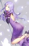  ass bare_back black_gloves blue_eyes braid bug butterfly caster dress elbow_gloves fate/stay_night fate_(series) gloves insect long_hair looking_at_viewer looking_back parted_lips purple_dress purple_hair solo staff touyama_sabu 