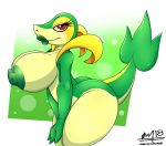  2019 anthro anthrofied breasts cricket-inc looking_at_viewer nintendo nipples nude pok&eacute;mon pok&eacute;mon_(species) raised_tail red_eyes reptile scalie side_view simple_background snivy solo thick_thighs video_games 