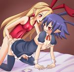  1boy 1girl bed blonde_hair blue_hair crossdressing cum cumdrip disgaea disgaea_d2 flonne futanari laharl long_hair maid penis red_eyes ribbon sandyrex short_hair swimsuit 