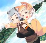  :d ahoge american_beaver_(kemono_friends) animal_ear_fluff animal_ears azuki_akizuki beaver_ears bike_shorts black-tailed_prairie_dog_(kemono_friends) brown_eyes cloud commentary_request day dutch_angle elbow_gloves forehead frilled_shorts frills fur_collar gloves gradient_hair grey_hair hair_ornament hairclip hand_on_another's_shoulder jacket kemono_friends lake looking_at_viewer mountain multicolored_hair multiple_girls open_clothes open_jacket open_mouth orange_hair pointing prairie_dog_ears short_hair short_shorts shorts skirt sky smile sweatdrop sweater torn_clothes torn_sleeves tree v-shaped_eyebrows water 