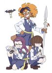  arai_hiroki armband bangs blunt_bangs bob_cut brown_hair camera dark_skin earrings extra glasses hairband hand_on_hip highres hoop_earrings jewelry joanna_(little_witch_academia) kimberly_(little_witch_academia) kneeling little_witch_academia luna_nova_school_uniform multiple_girls notepad orange_hair pen polearm purple_hair reporter school_uniform short_hair simple_background smile spear standing standing_on_one_leg visor_cap wangari_(little_witch_academia) weapon white_background 