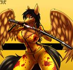  2017 anthro big_breasts black_hair blood breasts cleavage clothed clothing equine fan_character female hair katana kill_bill mammal melee_weapon metalfoxxx my_little_pony pegasus solo sparkle sword weapon wings 