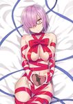  ass_visible_through_thighs bed_sheet black-framed_eyewear blush bow box breasts cameltoe chocolate chocolate_heart cleavage collarbone commentary fate/grand_order fate_(series) gift gift_box glasses hair_over_one_eye heart large_breasts looking_at_viewer lying mash_kyrielight naked_ribbon navel on_back pink_hair red_eyes ribbon same_no_fukahire shiny shiny_hair short_hair smile solo valentine 