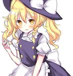  alternate_hairstyle apron bad_id bad_pixiv_id blonde_hair blush bow braid collared_shirt commentary d: dress fang hat hat_bow highres kirisame_marisa long_hair open_mouth playing_with_own_hair shirt side_braid single_braid sketch solo touhou twintails twintails_day waist_apron wavy_hair white_bow witch_hat yellow_eyes yorurumo 