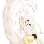  2016 animal_humanoid big_tail bike_shorts breasts canine clothed clothing female fluffy fox fox_humanoid fully_clothed hair huge_tail humanoid hyper_tail inner_ear_fluff light_theme long_hair mammal red_eyes shorts shy simple_background sitting_on_tail solo sub-res sub-tan sweater white_background white_clothing white_hair white_pupils white_tail 