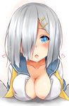  absurdres blue_eyes blush breast_rest breasts cleavage hair_ornament hair_over_one_eye hairclip hamakaze_(kantai_collection) highres kantai_collection large_breasts neckerchief no_bra open_clothes open_mouth open_shirt saku_(kudrove) school_uniform serafuku shirt short_hair silver_hair solo upper_body yellow_neckwear 