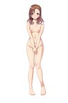  1girl aizawa_remon barefoot blue_eyes blush breasts brown_hair clockup covering covering_crotch embarrassed eroge!_h_mo_game_mo_kaihatsu_zanmai feet female full_body game_cg hamashima_shigeo hands_together long_hair looking_at_viewer navel nipples nude open_mouth simple_background solo standing toes white_background 