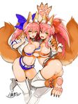  2girls :d animal_ears areola_slip areolae arm_up ass asymmetrical_docking boots bow breast_press breasts commentary_request fang fangs fate/extra fate/grand_order fate_(series) fox_ears fox_shadow_puppet fox_tail gloves hair_between_eyes hair_bow high_heel_boots high_heels kojima_saya large_breasts leg_up long_hair looking_at_viewer microskirt midriff multiple_girls navel open_mouth panties paw_gloves paw_shoes paws pink_hair ponytail race_queen shoes skirt smile strapless tail tamamo_(fate)_(all) tamamo_cat_(fate) tamamo_no_mae_(fate) thigh_boots thighhighs thong tubetop underboob underwear white_legwear white_panties yellow_eyes 