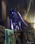  2013 blue_feathers blue_fur blue_hair cutie_mark day detailed_background equine feathered_wings feathers feral friendship_is_magic fur hair hooves horn mammal my_little_pony nude princess_luna_(mlp) rublegun solo standing winged_unicorn wings 