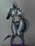  2017 anthro armor big_breasts breasts clothed clothing dragon female footwear grey_background grey_scales hawkilla high_heels huge_breasts lingerie looking_at_viewer scales scalie shoes simple_background solo unconvincing_armor undressing voluptuous wide_hips 
