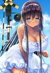  black_hair blue_eyes blush breasts cloud cloudy_sky dark_skin day dress gorua_(youce01) large_breasts leaning_forward long_hair looking_at_viewer md5_mismatch original parted_lips signpost sky smile solo white_dress yuurika_(gorua) 