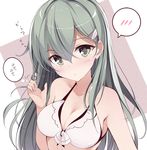  bare_arms bare_shoulders bikini bikini_top blush bow breasts cleavage closed_mouth collarbone eyebrows_visible_through_hair front-tie_bikini front-tie_top green_eyes green_hair hair_between_eyes hair_ornament hair_twirling hairclip head_tilt kantai_collection long_hair looking_at_viewer medium_breasts motion_lines netarou solo spoken_blush suzuya_(kantai_collection) swimsuit tareme thinking thought_bubble translated upper_body white_bikini white_bow 