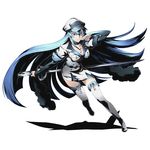  absurdly_long_hair akame_ga_kill! alpha_transparency blue_eyes blue_hair boots breasts choker cleavage collarbone divine_gate esdeath full_body hair_between_eyes hat holding holding_sword holding_weapon leg_up long_hair medium_breasts military military_uniform official_art pleated_skirt shadow skirt solo sword thigh_boots thighhighs transparent_background ucmm uniform very_long_hair weapon white_footwear white_legwear zettai_ryouiki 