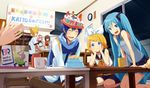  4girls :3 ^_^ baskin-robbins belt birthday_party black_skirt blonde_hair blue_eyes blue_hair blue_neckwear blue_scarf blush cake closed_eyes cup food hair_ornament hairband hairclip hands_on_own_cheeks hands_on_own_face happy_birthday hat hatsune_miku indian_style kagamine_len kagamine_rin kaito kneeling long_hair megurine_luka meiko multiple_boys multiple_girls necktie nokuhashi open_mouth pink_hair plate scarf short_hair shorts sitting skirt sleeveless smile vocaloid wariza 