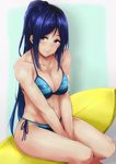  absurdres bangs bikini blue_hair blue_swimsuit blush breasts collarbone commentary hair_between_eyes highres large_breasts long_hair looking_at_viewer love_live! love_live!_sunshine!! matsuura_kanan napo8593 parted_bangs ponytail side-tie_bikini smile solo striped striped_bikini surfboard swimsuit 