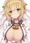  :o ahoge bad_id bad_pixiv_id bangs blonde_hair blush bodysuit breast_hold breasts bridal_veil buckle center_opening chain cleavage eyebrows_visible_through_hair fate/extra fate_(series) flower gloves green_eyes hair_flower hair_ornament head_tilt large_breasts lock looking_at_viewer nero_claudius_(bride)_(fate) nero_claudius_(fate)_(all) padlock parted_lips sidelocks simple_background solo tied_hair unzipped upper_body veil white_background white_bodysuit white_flower white_gloves wrist_cuffs yuzu-aki 