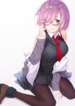  adjusting_eyewear bare_shoulders between_legs blush boots breasts fate/grand_order fate_(series) glasses hair_over_one_eye hand_between_legs haru_(hiyori-kohal) kneeling large_breasts mash_kyrielight necktie off_shoulder open_mouth pantyhose pleated_skirt purple_eyes purple_hair short_hair simple_background skirt smile solo 