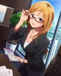  artist_request blonde_hair collarbone formal glasses idolmaster idolmaster_million_live! jewelry lipstick long_hair looking_at_viewer makeup momose_rio necklace office_lady official_art pinstripe_pattern plant red_eyes skirt_suit smile solo striped suit watch window wristwatch 