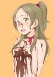  blush breasts chocolate chocolate_on_body chocolate_on_breasts chocolate_on_face choker covering covering_breasts food food_on_face green_eyes green_hair hair_bobbles hair_ornament hands_on_own_chest heart highres long_hair looking_at_viewer minamino_kanade nude open_mouth orange_background precure red_ribbon ribbon ribbon_choker sakura_kotetsu simple_background small_breasts solo suite_precure upper_body valentine 